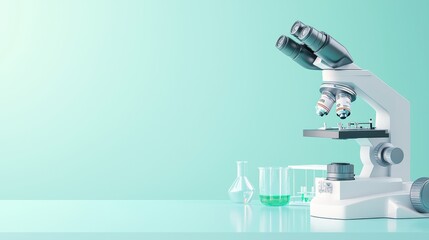 A modern microscope on a clean surface, accompanied by lab glassware, set against a soft teal background.