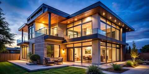 Obraz premium Modern Two-Story House Interior, Large Windows, Warm Lighting, Urban Exploration Photography