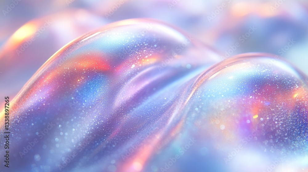 Poster exploration of abstract forms with iridescent colors and delicate textures in soft lighting