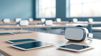 A modern classroom featuring tablets and a virtual reality headset on a wooden table, showcasing the integration of technology in education.