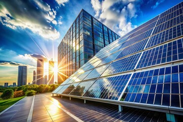 Modern Sustainable Office Building with Large Solar Panel Roof & Blue Sky - Green Energy Architecture