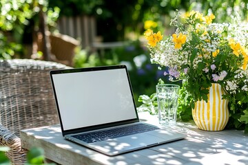 A laptop with a blank screen is placed on the table in an outdoor dining area, surrounded by greenery and flowers, mock-up photography style