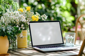 A laptop with a blank screen is placed on the table in an outdoor dining area, surrounded by greenery and flowers, mock-up photography style