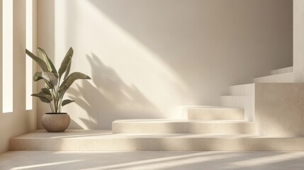 Bright and airy interior design with potted plants and circular pedestal in modern space
