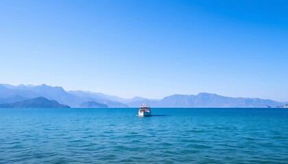 Serene Seascape: A Boat Anchored Against the Majestic Mountains