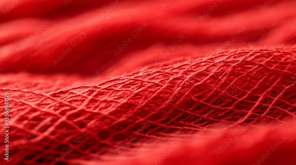 Poster close-up of a vibrant red textile with visible fibers, capturing the complexity of the weave and sli