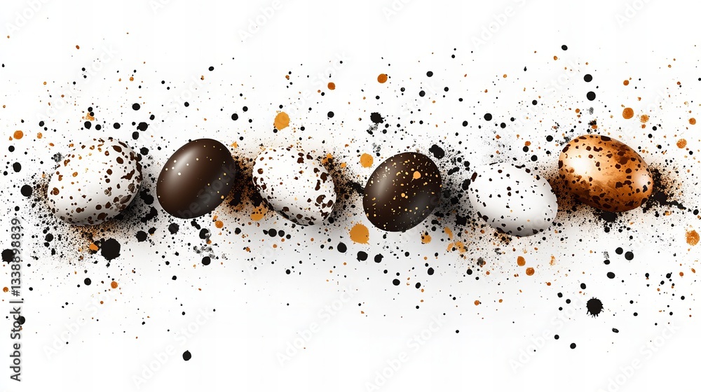Aufkleber six speckled eggs are lying in a row against a stark white background surrounded by scattered black 