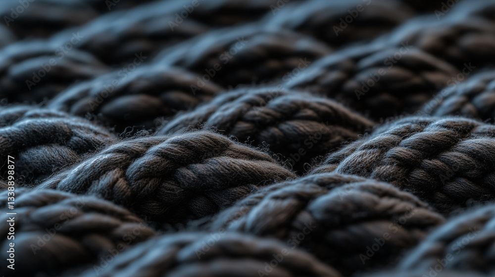 Poster detailed macro shot of a knitted textile, highlighting the intricate loops and interlocking fibers f