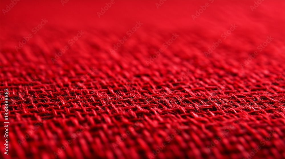 Poster close-up of a vibrant red textile with visible fibers, capturing the complexity of the weave and sli