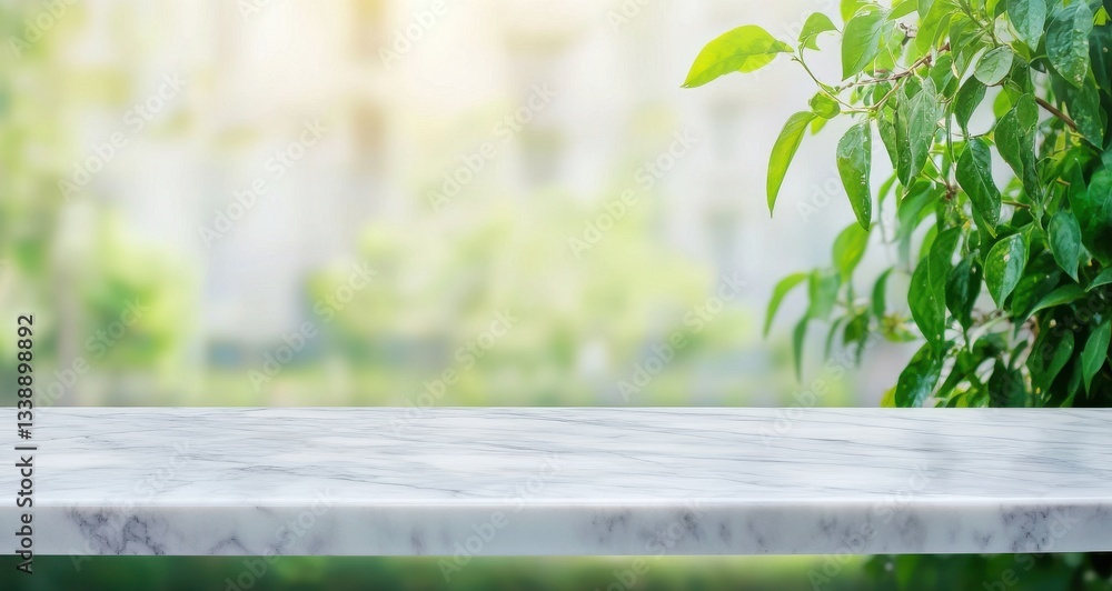 Poster Empty marble table with blurred green spring nature background for product display