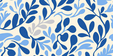 Cotton fabric Blue and cream floral pattern with repeating abstract leaf shapes