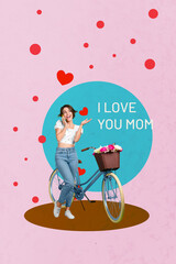 Creative artwork sketch 3D collage of young lady stand talk smartphone bike travel flower bouquet i...