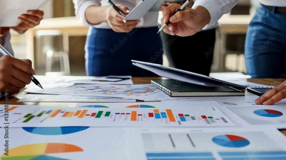 Poster a skilled team is collaborating to analyze complex business charts in a crucial meeting, using advan
