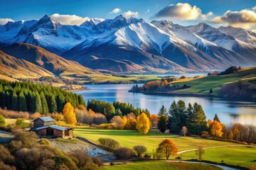 Obraz premium Queenstown's winter magic: majestic mountains, snowy peaks, and stunning Wanaka landscapes await.