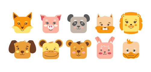 Square animal faces icon set. Flat clipart illustration mobile ui game application. Cute cartoon square shape kawaii kids avatar character collection on isolated background. Vector.