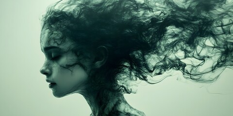 Fototapeta premium Whispers of the Soul: A striking profile of a woman, her features delicately defined against a surreal background, with her hair blending into an ethereal smoky form.