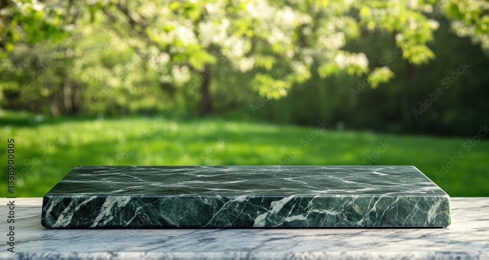 Poster empty marble table on blurred green spring nature background