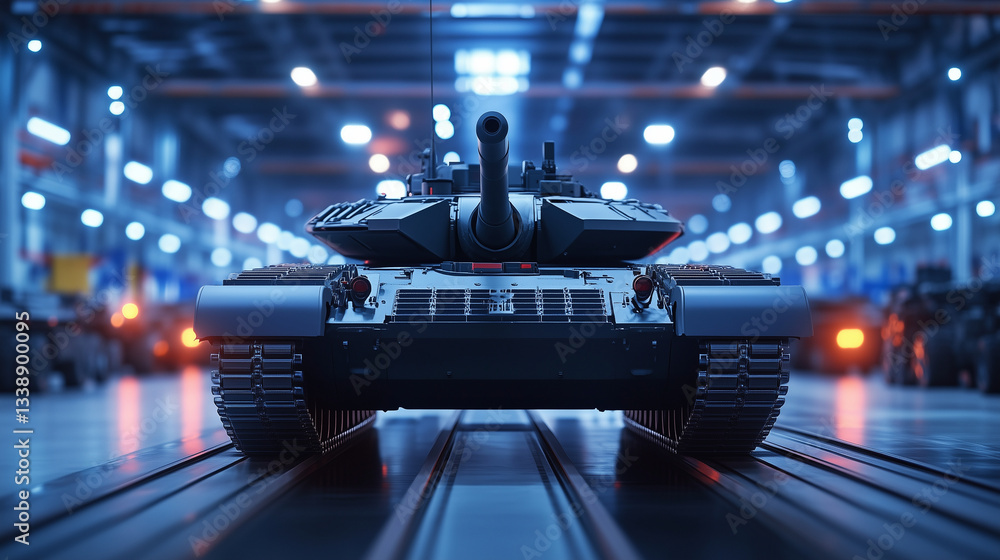 Poster a close-up view of a massive tank turret being installed on an armored vehicle in a high-tech milita