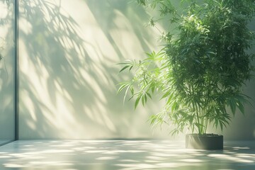Sunlight filters through a spacious room highlighting a green cannabis plant in a pot against a soft, shadowed background early in the morning