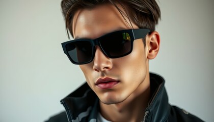 Man in Black Sunglasses Portrait with Leather Jacket and Light Background