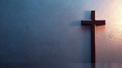 Dark Brown Wooden Cross on Textured Blue and Orange Background