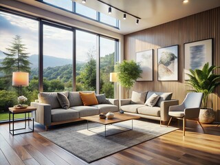 Fototapeta premium Modern Living Room with Panoramic Window, Two Posters, Natural Light - Stock Photo