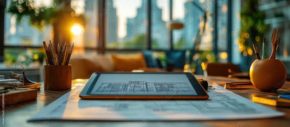 Poster tablet displaying blueprints on a desk in a modern office with sunset view.
