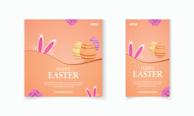 Happy Easter Day post and story template design with Easter egg, rabbit ears, social media promotion