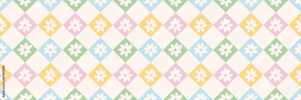 Poster retro spring rhombus floral check, pastel cute vector banner, seamless repeat pattern background des
