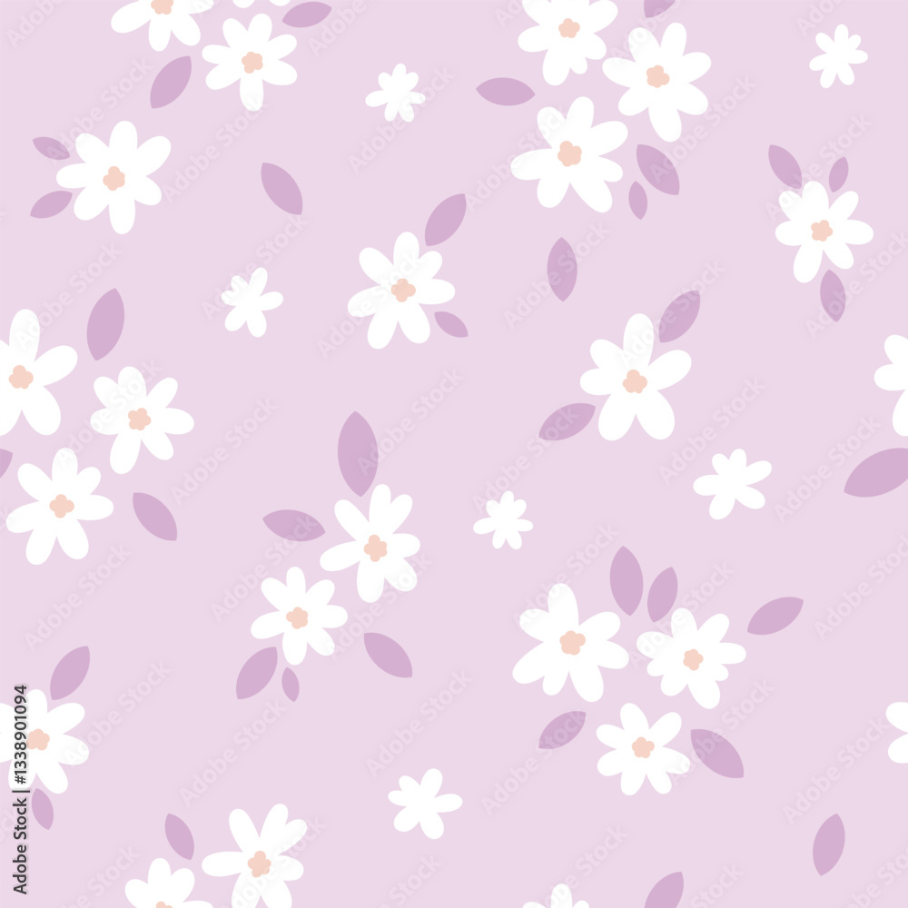 Poster cute ditsy daisy pastel oink girly seamless repeat vector pattern with flower doodles, girly summer 