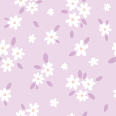 Cute ditsy daisy pastel oink girly seamless repeat vector pattern with flower doodles, girly summer print tile
