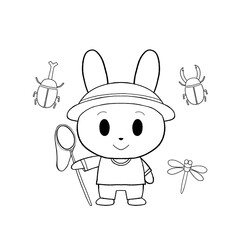 うさぎの昆虫採集（白黒）