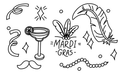 set of festive elements using feathers, cocktail, confetti, mustache, beads. Mardi Gras. Decorations for parties, holidays, advertisements and products related to various celebrations and events