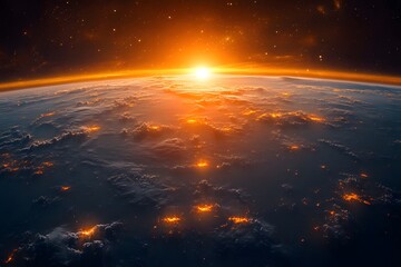 Fototapeta premium Celestial Dawn: Witness the awe-inspiring sunrise over planet Earth, with a vibrant sun illuminating the atmosphere, in a photo-realistic depiction of space. 