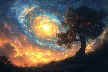Obraz premium Galaxy Tree: A majestic tree silhouette stands against a vibrant backdrop of a swirling galaxy, capturing the awe-inspiring beauty of the cosmos in a stunning display of cosmic artistry.