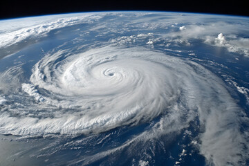 From an aerial perspective, a satellite image captures vastness and powerful characteristics of a hurricane, displaying its swirling clouds, eye of storm, and overall magnitude