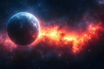 Fototapeta premium Cosmic Symphony: A solitary planet hangs suspended in the infinite expanse of the cosmos, encircled by a vibrant nebula of fiery reds and deep blues.
