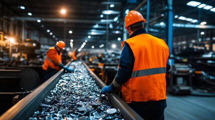 A large industrial plant with workers operating heavy machinery, sorting scrap metal on a conveyor belt, showcasing the vital process of recycling and waste processing in a modern