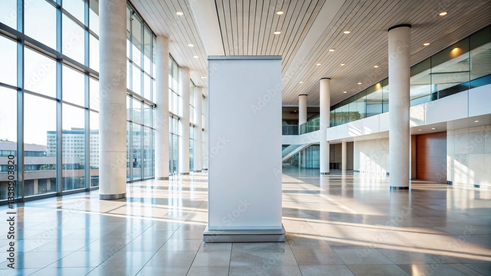 Poster modern business lobby with tall empty banner display - ready for your message