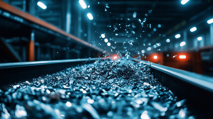 A close-up of shredded scrap metal traveling along a conveyor belt, with metallic debris reflecting the bright industrial lights, symbolizing the importance of recycling in sustain