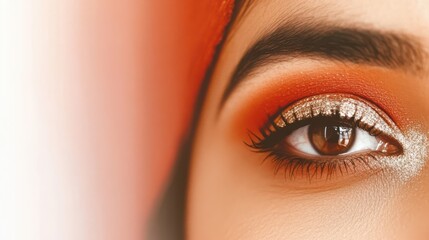 A stunning close-up shot of a shimmering eye adorned with theatrical orange and silver makeup, making a bold artistic statement with compelling color contrast.