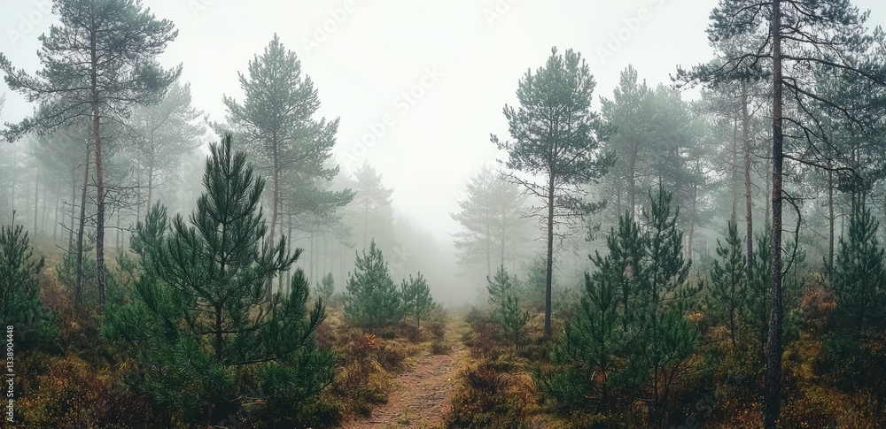 Poster fog entering coniferous forest on a moody day