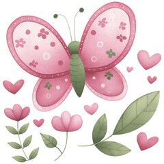 Fototapeta premium pink butterfly with floral patterns surrounded by hearts and leaves, creating whimsical and cheerful design