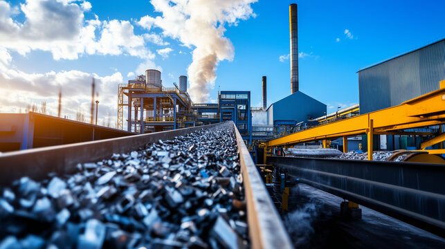 A wide-angle view of a recycling plant with a conveyor belt stacked with scrap metal pieces, steam rising from furnaces and equipment processing materials in the background.