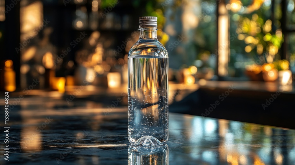 Aufkleber A clear water bottle filled with liquid sits on a shiny marble countertop. Sunlight streams through large windows, creating a warm and inviting atmosphere inside the space.