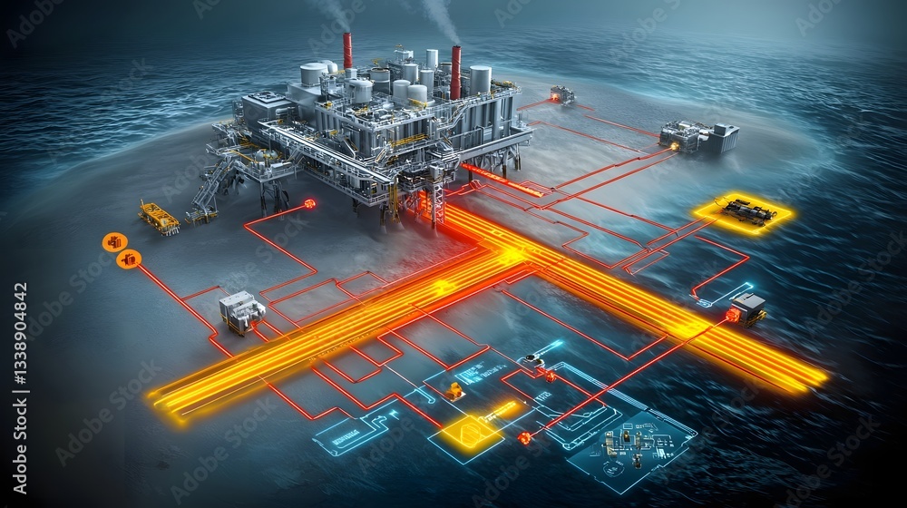Poster futuristic 3d rendering of an offshore carbon capture system integrated with fossil fuel rigs featur
