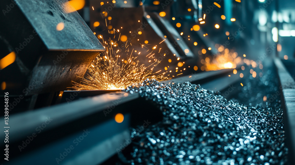 Poster a close-up of scrap metal being compacted and sorted on a conveyor belt, with sparks flying from the