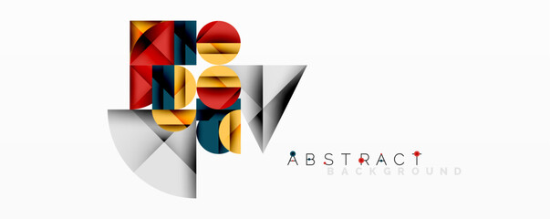 Abstract geometric artwork with overlapping circles and gradients, circle square triangle shapes background featuring sharp angular cuts, smooth shading, and structured layered composition