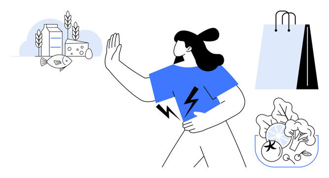 Woman rejecting unhealthy food options, focusing on sustainable grocery shopping. Ideal for sustainability, conscious consumption, ethical decision-making, healthy living, eco-awareness, zero waste