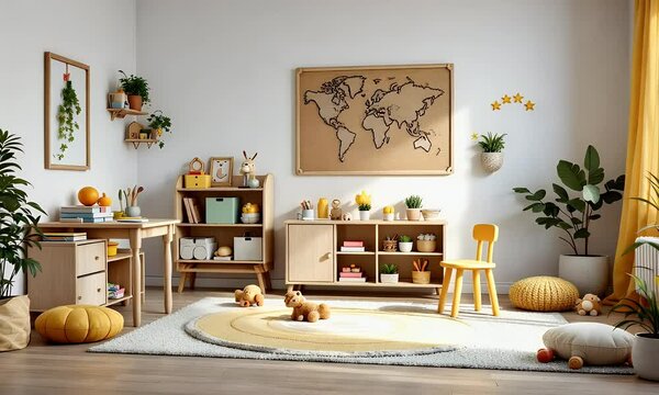 Bright Child's Playroom with Light Wood Furniture and Yellow Accents Updated Description With Generic Terms. 2023 10 27T10 47 23.000Z. Original Description Provided to Aid in Update. No Creative